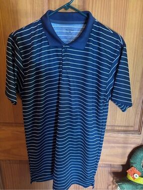 Essentials Navy Blue Polo Shirt with Thin White Stripes